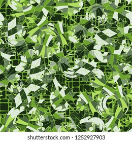 Seamless pattern. The motley-green leaves are scattered randomly against the background of circles and a grid. Camouflage style.