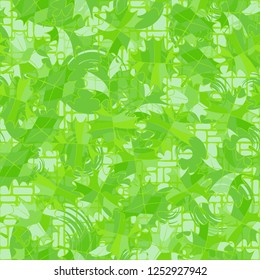 Seamless pattern. The motley-green leaves are scattered randomly against the background of circles and a grid. Camouflage style.