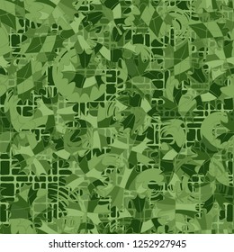 Seamless pattern. The motley-green leaves are scattered randomly against the background of circles and a grid. Camouflage style.