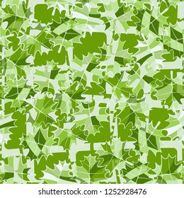Seamless pattern. The motley-green leaves are scattered randomly against a double lattice. Camouflage style.
