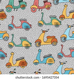 Seamless pattern with motor scooters. Old style motorbike, city motorcycle, trendy electric bike. Funny print for fabric, paper and web.
