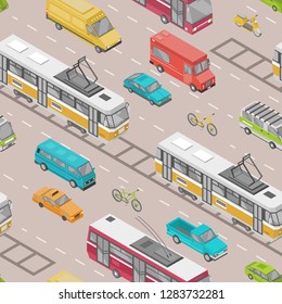 Seamless pattern with motor vehicles of various types on road - car, scooter, bus, tram, trolleybus, van. Backdrop with city traffic, automobile transport on street. Isometric vector illustration.