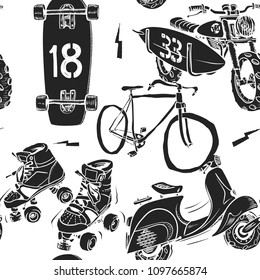 Seamless pattern with motorbike surfboard skate roller moped and bicycle