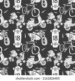 Seamless pattern with motorbike surfboard skate roller moped and bicycle