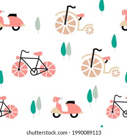 Motocicleta de patrón sin foco y bicicleta aisladas en fondo blanco. Ilustración vectorial.