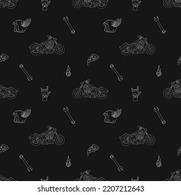 Seamless pattern with motorcycle, motorcycle helmet, fire. Flat vector illustration.