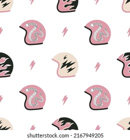 Seamless pattern with motorcycle helmets. Head protection, equipment for bikers. Wild and vintage style. Hand drawn vector illustration isolated on white background. Print, fabric, wrapping paper etc.