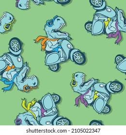 Seamless Pattern Of A Motorcycle Riding Cartoon Dinosaur Background Elements. For Kids T-shirt.