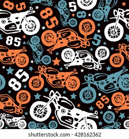 Seamless pattern with motorcycles drawings.  Color print on a black background