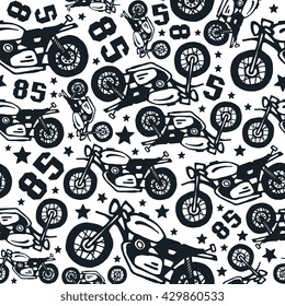 Seamless pattern with motorcycles drawings. Design for your textiles, backgrounds, wrapping paper. Black print on a white background
