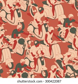 Seamless pattern of motorcycles and retro scooters with people