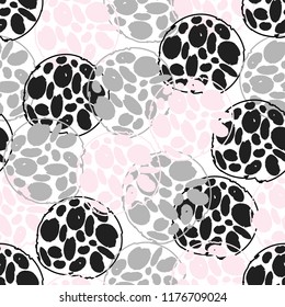 Seamless pattern with mottled circles. Round black, pink and gray scrawl. Vector white isolated background. Suitable for printing on fabric, clothing, wrapping paper, wallpaper, case.