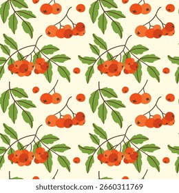 Seamless pattern with mountain ash berries on a light background