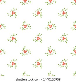 Seamless pattern. Mountain ash and viburnum. Vector red berries. Kid's fashion print. Design elements for textile or clothes. Hand drawn doodle repeating delicacies. Background patterns for baby items