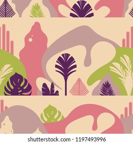 Seamless pattern. Mountain hilly landscape with tropical plants and trees, palms, succulents. Scandinavian style. Environmental protection, ecology. Park, exterior space, outdoor. Vector illustration.