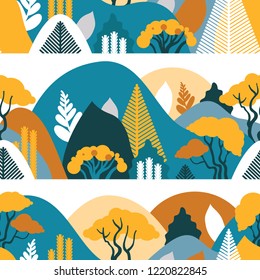 Seamless pattern with mountain hilly landscape with tropical plants and trees, palms. Scandinavian style. Environmental protection, ecology. Park, exterior space, outdoor. Vector illustration.
