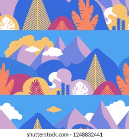 Seamless pattern with mountain hilly landscape with tropical plants and trees, palms. Scandinavian style. Environmental protection, ecology. Park, exterior space, outdoor. Vector illustration.