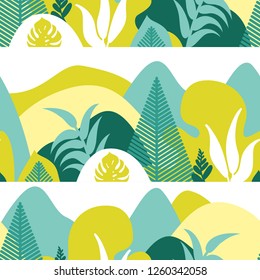 Seamless pattern. Mountain hilly landscape with tropical plants and trees, palms, succulents. Scandinavian style. Environmental protection, ecology. Park, exterior space, outdoor. Vector illustration.