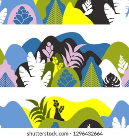 Seamless pattern with mountain hilly landscape with tropical plants and trees, palms. Scandinavian style. Environmental protection, ecology. Park, exterior space, outdoor. Vector illustration.