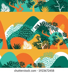 Seamless pattern with mountain hilly landscape with tropical plants and trees, palms. Scandinavian style. Environmental protection, ecology. Park, exterior space, outdoor. Vector illustration.