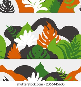 Seamless pattern with mountain hilly landscape with tropical plants and trees, palms. Scandinavian style. Environmental protection, ecology. Park, exterior space, outdoor. Vector illustration.