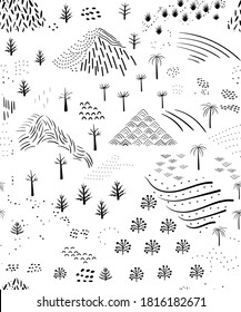 Seamless pattern with mountain landscape black and white abstract sketch. Modern template doodle geometric patterns. Mountains and forest in minimalist style legend.Vector background graphic style.