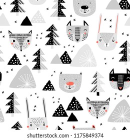 Seamless pattern with a mountain landscape and forest animals. Perfect for cards, invitations, wallpaper, banners, kindergarten, baby shower, children room decoration. Scandinavian landscape.