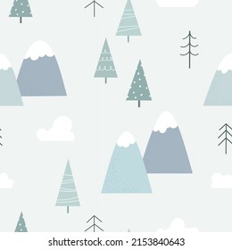 Seamless pattern with mountain landscape in scandinavian style. Mountain landscape, fir trees, clouds. Wallpaper for a children's room or print for textiles.