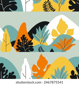 Seamless pattern with mountain landscape and tropical plants. vector illustration.