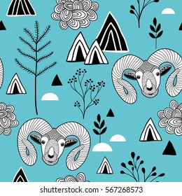 Seamless pattern with mountain life. Vector background.