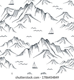 Seamless pattern with mountain, sea and sailing ships. Hand drawn vector illustration