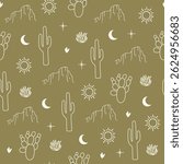 Seamless pattern with mountain silhouette, cactus, sun and moon on green background. Hand drawn vector illustration for wrapping paper, textile, fabric.