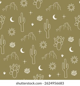 Padrão contínuo com silhueta de montanha, cactos, sol e lua em fundo verde. Ilustração vetorial desenhada à mão para papel de embrulho, têxtil, tecido.