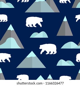 Seamless pattern with mountain and white bear. Vector illustration