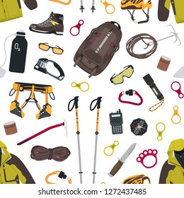 Seamless pattern with mountaineering and touristic equipment, tools for mountain climbing, clothing on white background. Colorful flat vector illustration for wrapping paper, wallpaper, textile print.