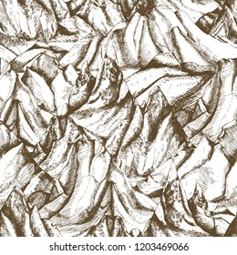 Seamless pattern with mountainous landscape hand drawn with contour lines on white background. Backdrop with cliffs or mountain range. Vector illustration in retro etching style for wrapping paper.