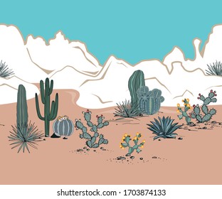 Seamless pattern with mountains, blooming cacti, opuntia, blue agave, and saguaro. Desert landscape. Vector background.