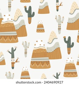 Seamless pattern with mountains and cactus with decorative elements, sunny desert. Boho vector texture.