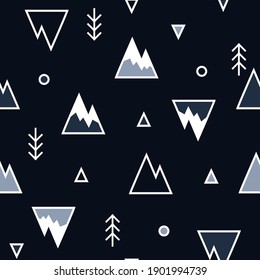Patrón sin foco. Montañas, árboles de Navidad, círculos y triángulos sobre un fondo azul. Vida silvestre, cumbres nevadas. Ilustración vectorial geométrica. Para diseño estacional, turismo de montaña, diseño de envases.