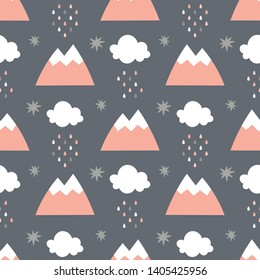 Seamless pattern with mountains clouds and stars. Cute and childish design for fabric, textile, wallpaper, bedding, swaddles or gender-neutral apparel.