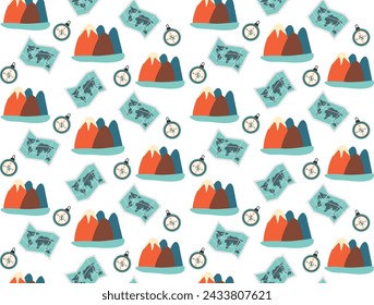 Seamless pattern, mountains, compass and maps. The concept of travel, hiking. Vector illustration for wrapping paper, textiles, wallpapers, screensavers. Design for fashion , fabric, and all prints