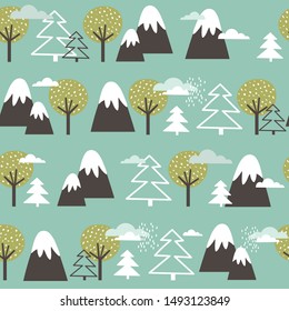 Seamless pattern, mountains, fir trees and trees, hand drawn overlapping backdrop. Colorful background vector. Illustration with forest. Decorative wallpaper, good for printing