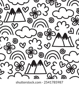 Seamless pattern with Mountains, flower, rainbow, clouds and other elements. Cute hand drawn background