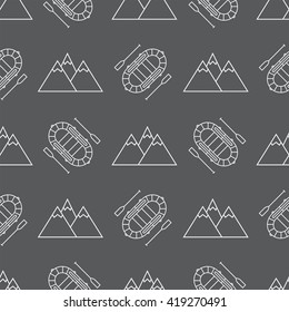 Seamless pattern with mountains and inflatable boats.