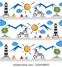 Seamless pattern with mountains, lighthouses, sea, fish, boats, coconut trees. Design for wall decoration, postcard, poster, brochure, shirt, etc