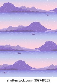 Seamless pattern with mountains on the sunset background. Tiled summer nature texture.