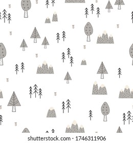 Seamless pattern with mountains, pine trees, trees, leaves and flowers in Scandinavian style stock vector illustration. Fabric fashion ornament, white background. Editable