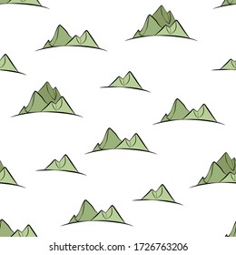 Seamless pattern with mountains. Randomly placed green mountains. Hand drawn style vector illustration for invitations, prints, wrapping paper, greeting cards, wallpaper or decoration