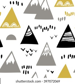 Seamless pattern with mountains, rocks in scandinavian style. Decorative background with landscape
