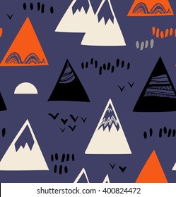 Seamless pattern with mountains, rocks in scandinavian style. Decorative background with landscape elements